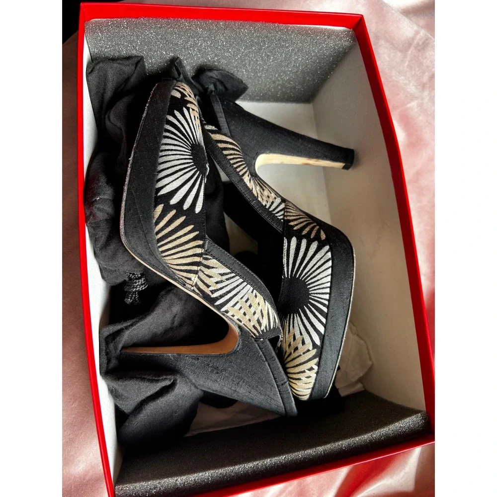 Leona Edmiston Matching Shoes & Handbag Set size 7.5  Black Gold Floral Box